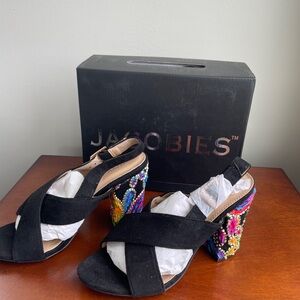 Jacobies black BANDA-1 block heel  faux suede sling back sandals 8  NEW in box